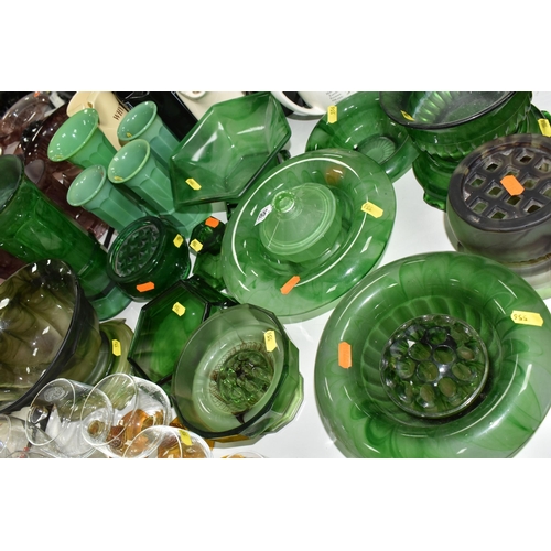 556 - A COLLECTION OF GREEN CLOUD GLASS AND FOUR JADE GLASS VASES, comprising three column form Jade glass... 