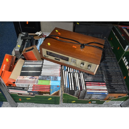 558 - THREE BOXES OF CLASSICAL CDS, AUDIO AND FILM EQUIPMENT, to include an Aldis OI12 slide projector, a ... 