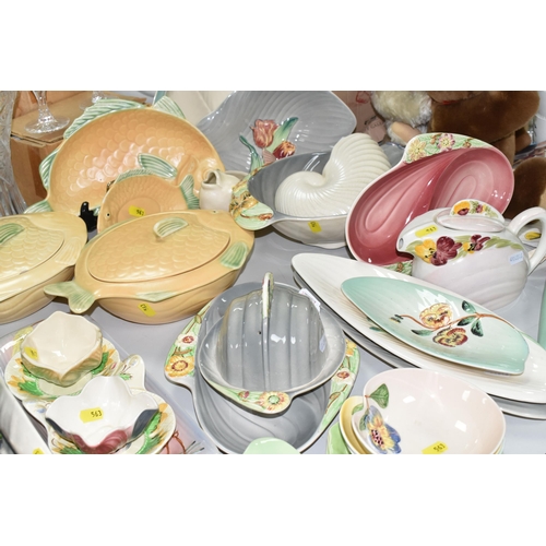 563 - A LARGE COLLECTION OF SHORTER & SONS HAND PAINTED TABLEWARE, comprising three 'Peach' dishes in gree... 