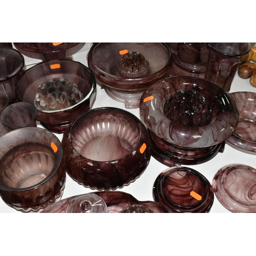 568 - A QUANTITY OF PURPLE RICHARDSONS CLOUD GLASS WARES, to include a pair of vases, approximate height 2... 