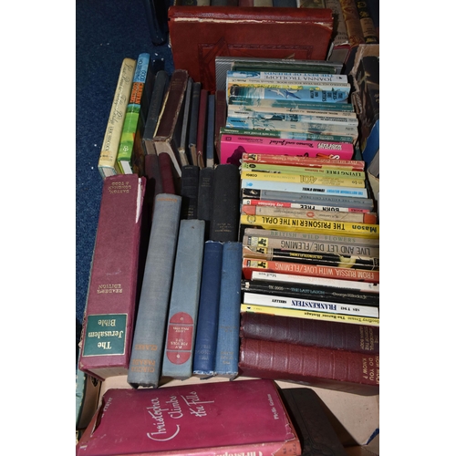 569 - SIX BOXES OF BOOKS containing over 230 miscellaneous titles in hardback and paperback formats, subje... 