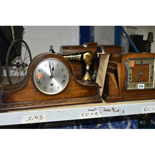 570 - TWO CLOCKS AND A MANUAL SEWING MACHINE, comprising an Rugos oak cased Westminster chiming mantle clo... 