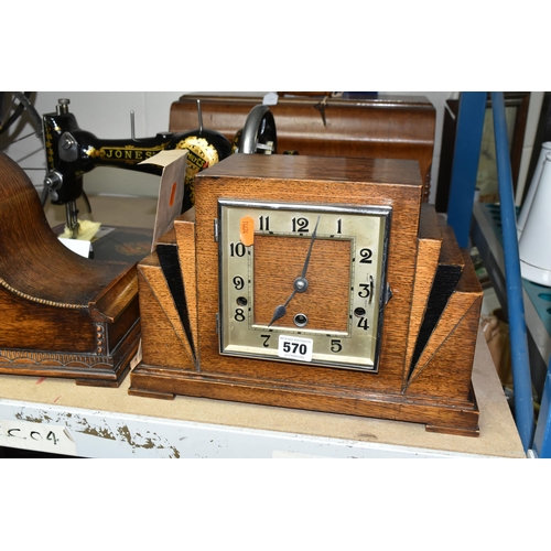 570 - TWO CLOCKS AND A MANUAL SEWING MACHINE, comprising an Rugos oak cased Westminster chiming mantle clo... 