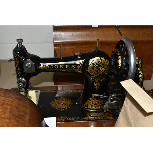 570 - TWO CLOCKS AND A MANUAL SEWING MACHINE, comprising an Rugos oak cased Westminster chiming mantle clo... 