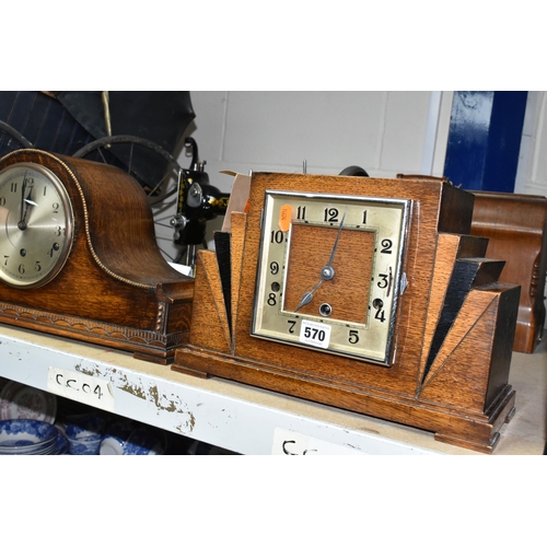 570 - TWO CLOCKS AND A MANUAL SEWING MACHINE, comprising an Rugos oak cased Westminster chiming mantle clo... 