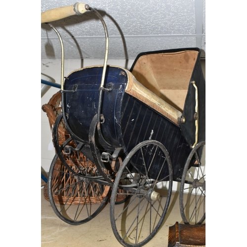 571 - AN ANTIQUE CHILDRENS DOLLS PRAM, together with a small wicker chair, Condition Report: pram in need ... 