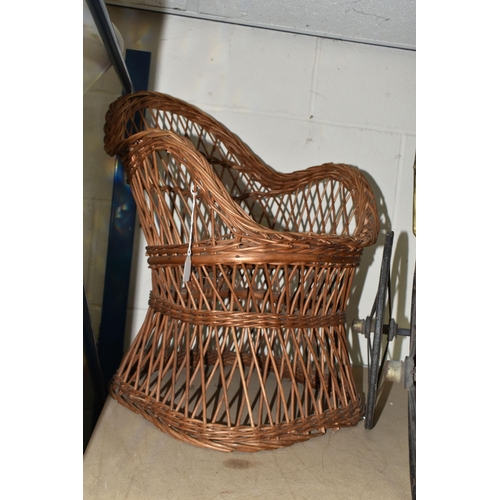 571 - AN ANTIQUE CHILDRENS DOLLS PRAM, together with a small wicker chair, Condition Report: pram in need ... 