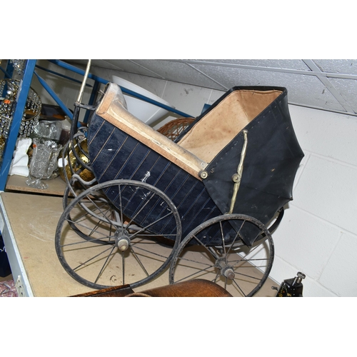 571 - AN ANTIQUE CHILDRENS DOLLS PRAM, together with a small wicker chair, Condition Report: pram in need ... 