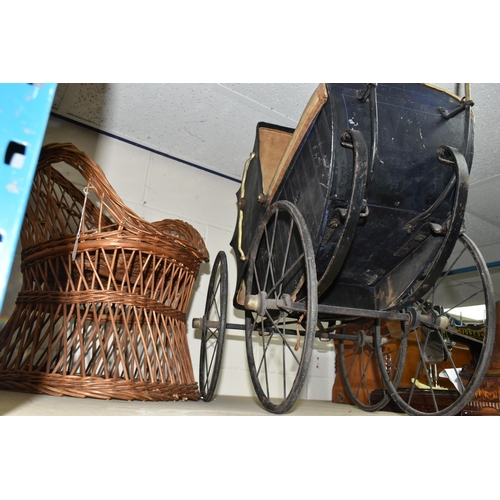 571 - AN ANTIQUE CHILDRENS DOLLS PRAM, together with a small wicker chair, Condition Report: pram in need ... 