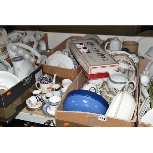 574 - SIX BOXES AND LOOSE ASSORTED TEA AND DINNER WARES ETC, to include Woods 'Lucerne' coffee wares, Wash... 