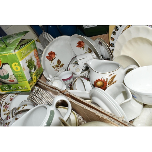 574 - SIX BOXES AND LOOSE ASSORTED TEA AND DINNER WARES ETC, to include Woods 'Lucerne' coffee wares, Wash... 