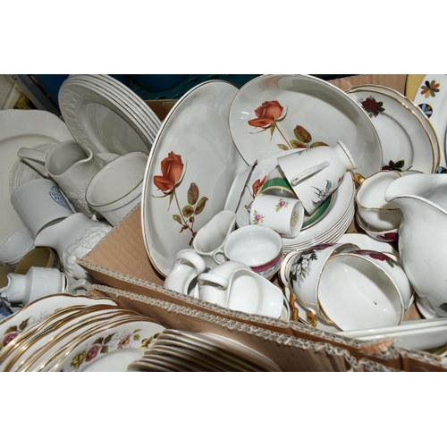 574 - SIX BOXES AND LOOSE ASSORTED TEA AND DINNER WARES ETC, to include Woods 'Lucerne' coffee wares, Wash... 