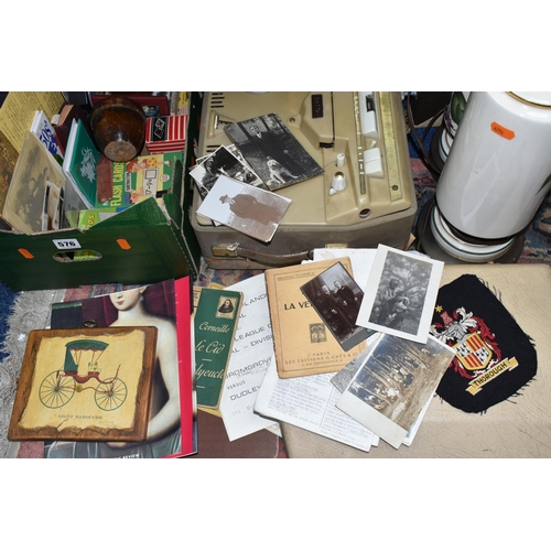 576 - TWO BOXES AND LOOSE ASSORTED SUNDRY ITEMS ETC, to include a Cossor reel to reel tape player, Hanomat... 