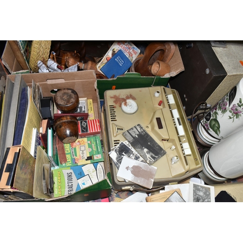 576 - TWO BOXES AND LOOSE ASSORTED SUNDRY ITEMS ETC, to include a Cossor reel to reel tape player, Hanomat... 