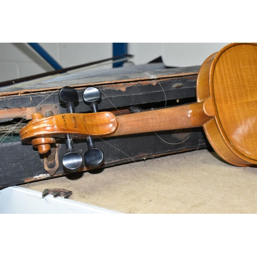 578 - TWO EARLY 20TH CENTURY VIOLINS, both Czechoslovakian made, one has a paper label inside  K.H. ' Made... 