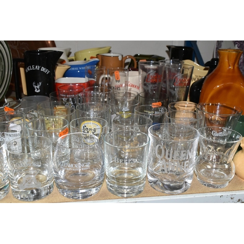 579 - BREWERIANA: A LARGE QUANTITY OF WHISKY ADVERTISING WATER JUGS AND GLASSES, one 1920's copper serving... 