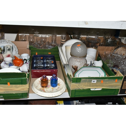 581 - FIVE BOXES OF CERAMICS AND GLASSWARE, to include a Copeland Spode 'Newburyport' pattern tea set, a b... 