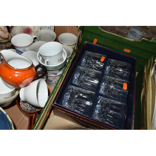 581 - FIVE BOXES OF CERAMICS AND GLASSWARE, to include a Copeland Spode 'Newburyport' pattern tea set, a b... 