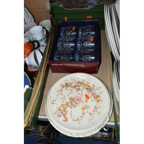 581 - FIVE BOXES OF CERAMICS AND GLASSWARE, to include a Copeland Spode 'Newburyport' pattern tea set, a b... 