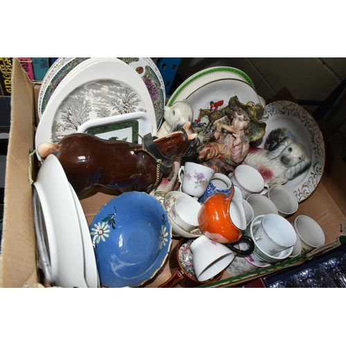 581 - FIVE BOXES OF CERAMICS AND GLASSWARE, to include a Copeland Spode 'Newburyport' pattern tea set, a b... 