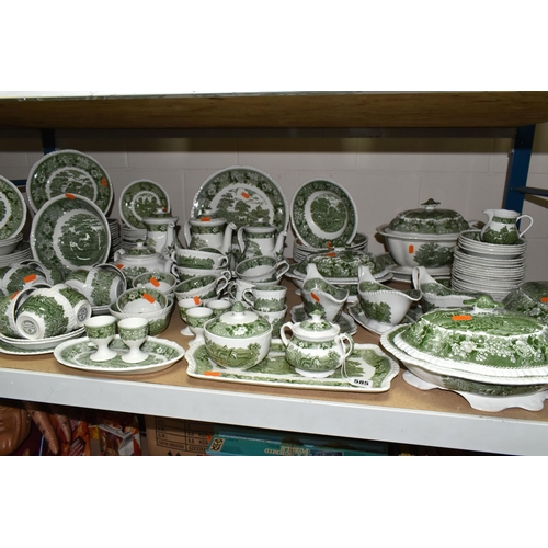 585 - A LARGE QUANTITY OF ADAMS GREEN AND WHITE 'ENGLISH SCENIC' PATTERN DINNERWARE, comprising two covere... 