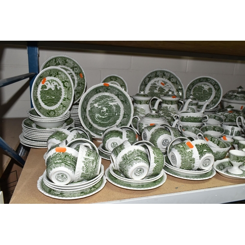 585 - A LARGE QUANTITY OF ADAMS GREEN AND WHITE 'ENGLISH SCENIC' PATTERN DINNERWARE, comprising two covere... 