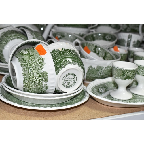 585 - A LARGE QUANTITY OF ADAMS GREEN AND WHITE 'ENGLISH SCENIC' PATTERN DINNERWARE, comprising two covere... 