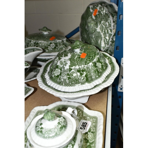 585 - A LARGE QUANTITY OF ADAMS GREEN AND WHITE 'ENGLISH SCENIC' PATTERN DINNERWARE, comprising two covere... 