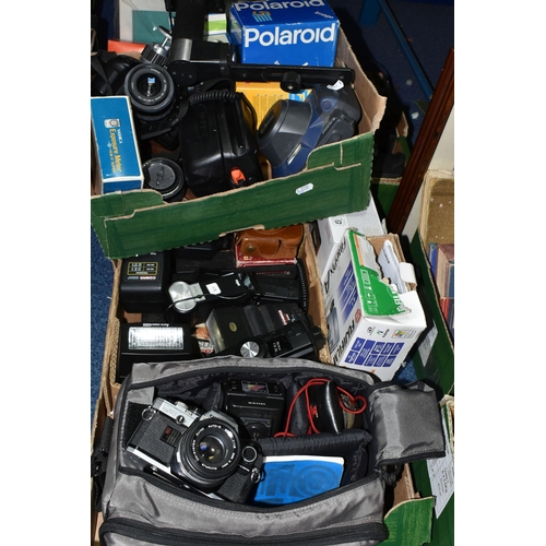 589 - THREE BOXES OF CAMERAS AND EQUIPMENT, to include a Minolta 200mm lens 100-300mm, a Fujifilm Instax 1... 