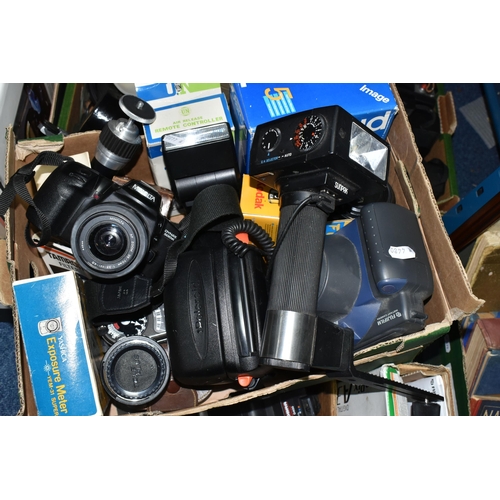 589 - THREE BOXES OF CAMERAS AND EQUIPMENT, to include a Minolta 200mm lens 100-300mm, a Fujifilm Instax 1... 