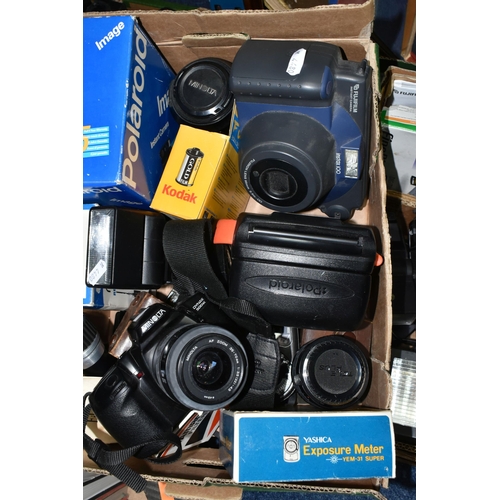 589 - THREE BOXES OF CAMERAS AND EQUIPMENT, to include a Minolta 200mm lens 100-300mm, a Fujifilm Instax 1... 