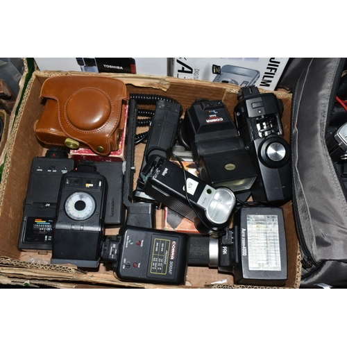 589 - THREE BOXES OF CAMERAS AND EQUIPMENT, to include a Minolta 200mm lens 100-300mm, a Fujifilm Instax 1... 