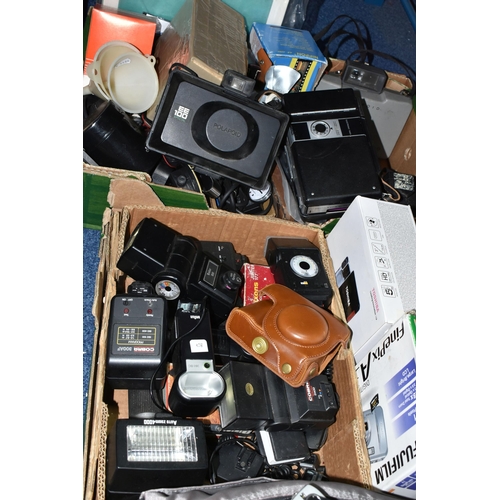 589 - THREE BOXES OF CAMERAS AND EQUIPMENT, to include a Minolta 200mm lens 100-300mm, a Fujifilm Instax 1... 