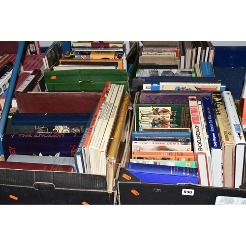 590 - FOUR BOXES OF BOOKS containing over 105 miscellaneous titles in hardback and paperback formats, subj... 