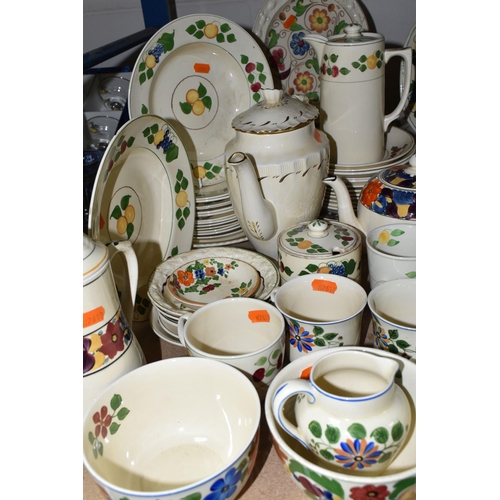 594 - A LARGE QUANTITY OF ADAM'S HANDPAINTED TITIAN WARE, comprising two covered tureens, gravy jug (crack... 