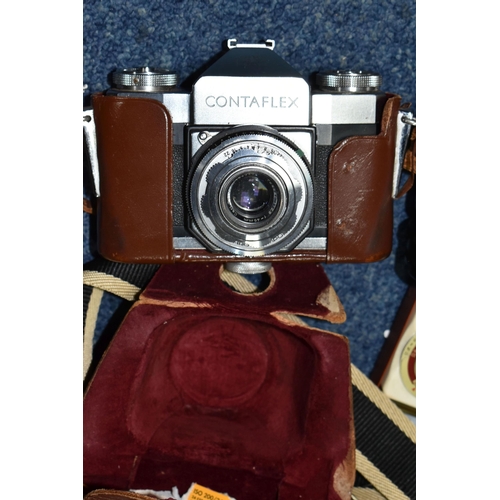 596 - TWO VINTAGE CAMERAS, comprising a Zeiss Ikon Contaflex camera with a Carl Zeiss Tessar 45mm lens in ... 