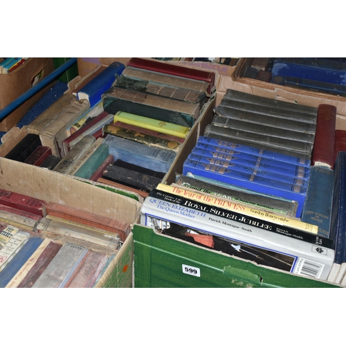 599 - FIVE BOXES OF BOOKS containing over 145 miscellaneous titles in hardback and paperback formats, subj... 