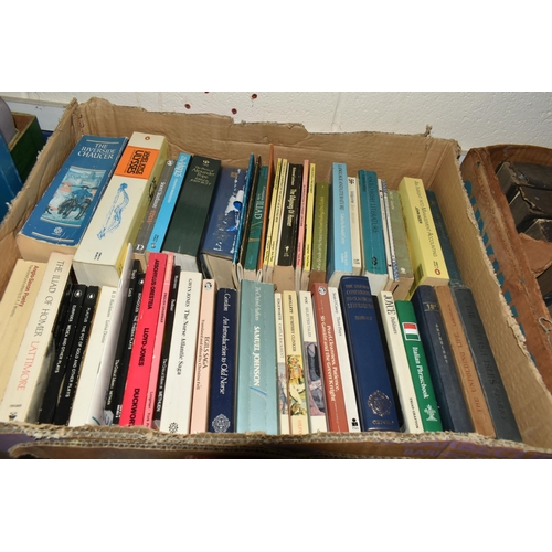 599 - FIVE BOXES OF BOOKS containing over 145 miscellaneous titles in hardback and paperback formats, subj... 