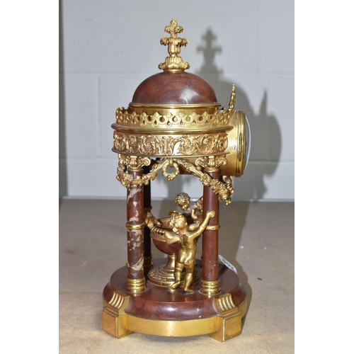 602 - A LATE 19TH CENTURY MARBLE AND GILT METAL MANTEL CLOCK IN THE FORM OF A FOUR COLUMN ROTUNDA TEMPLE, ... 