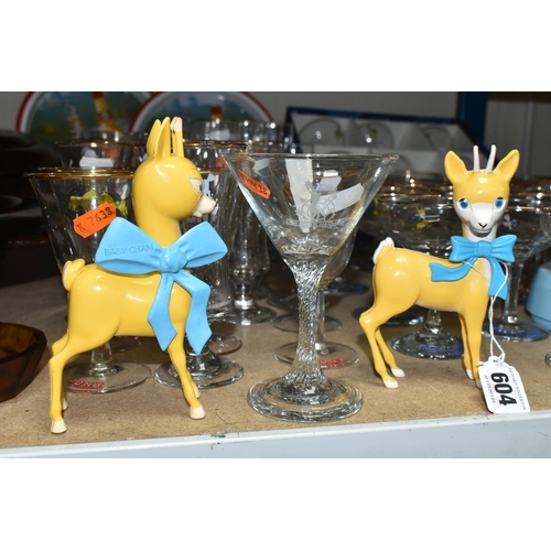 604 - A COLLECTION OF BABYCHAM AND SIMILAR VINTAGE BREWERIANA, to include twelve 1950s Babycham glasses wi... 