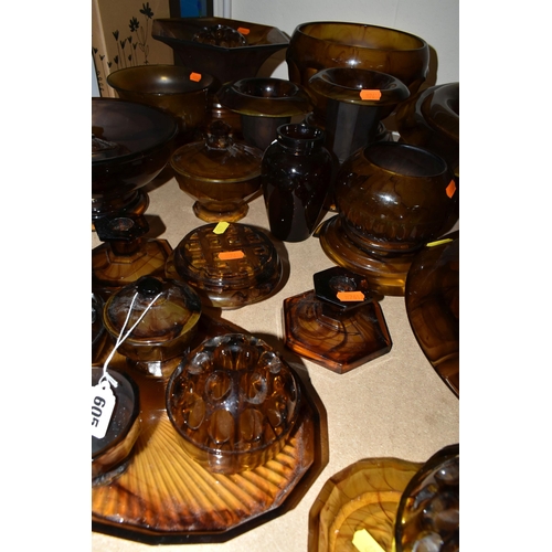 605 - A QUANTITY OF AMBER CLOUD GLASS WARES, approximately thirty items to include vases, bowls with and w... 