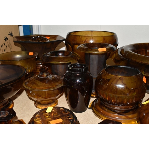 605 - A QUANTITY OF AMBER CLOUD GLASS WARES, approximately thirty items to include vases, bowls with and w... 