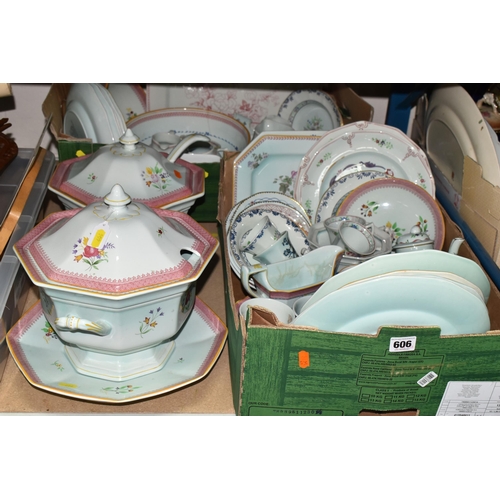 606 - TWO BOXES AND LOOSE ADAMS CALYX WARE DINNER WARES, to include Lowestoft, Cascade, Ming Jade, Chelsea... 