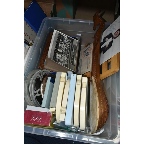 607 - THREE BOXES OF EPHEMERA to include Film Reels from the 1960's and a boxed L.P.L. Splicer, an ektara,... 