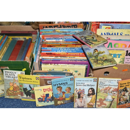 608 - FIVE BOXES OF CHILDREN'S BOOKS & MAGAZINES to include classic stories, vintage and modern annuals, l... 