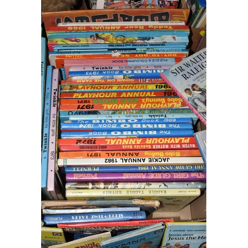 608 - FIVE BOXES OF CHILDREN'S BOOKS & MAGAZINES to include classic stories, vintage and modern annuals, l... 