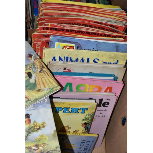 608 - FIVE BOXES OF CHILDREN'S BOOKS & MAGAZINES to include classic stories, vintage and modern annuals, l... 