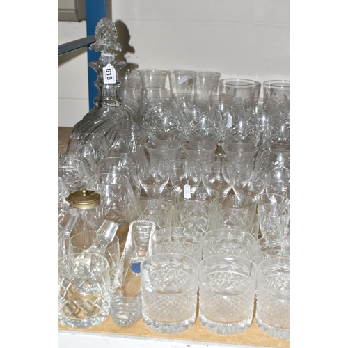 615 - A GROUP OF CUT CRYSTAL AND OTHER GLASS WARES, to include an elaborate Victorian cut glass decanter, ... 