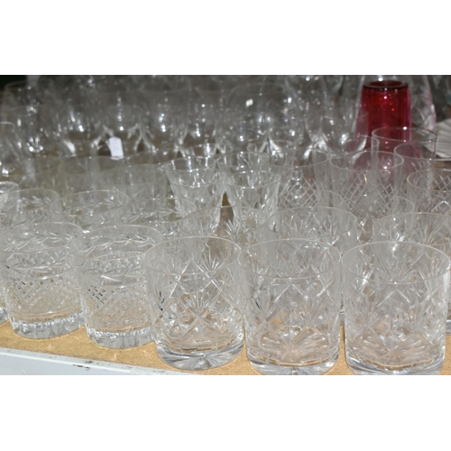 615 - A GROUP OF CUT CRYSTAL AND OTHER GLASS WARES, to include an elaborate Victorian cut glass decanter, ... 