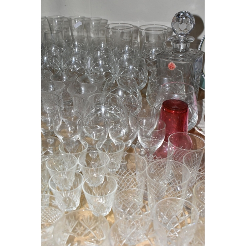 615 - A GROUP OF CUT CRYSTAL AND OTHER GLASS WARES, to include an elaborate Victorian cut glass decanter, ... 